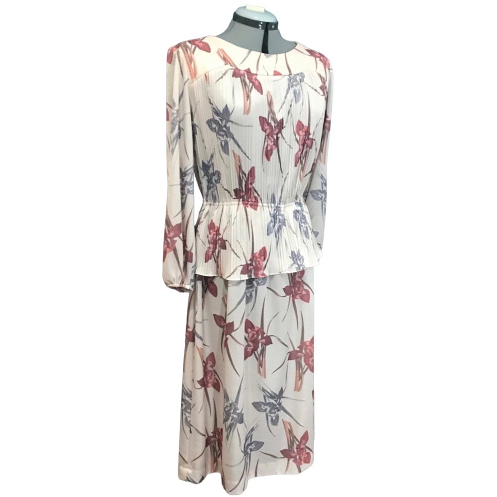 Vintage 1970s Japanese inspired peplum dress floral boho L large 12 14 70s 80s